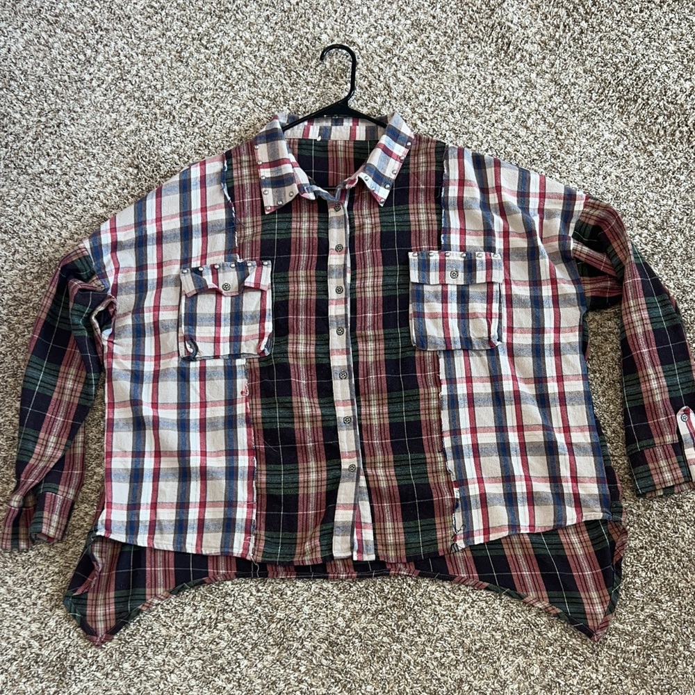 Women's Patchwork Plaid Button Down Shirt with St… - image 12